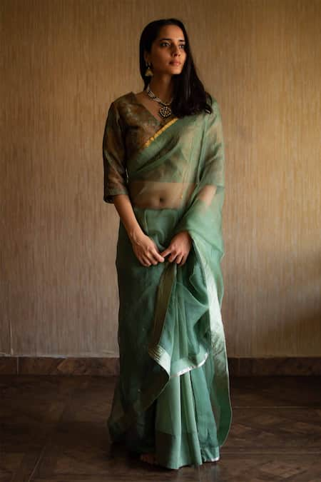 Shorshe Clothing Green Handloom Silk Organza Jamdani Chanderi Saree