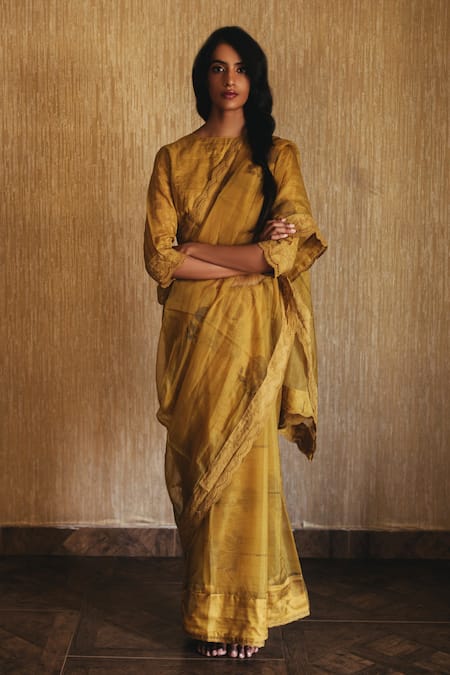Shorshe Clothing Yellow Organza Embroidered Saree 