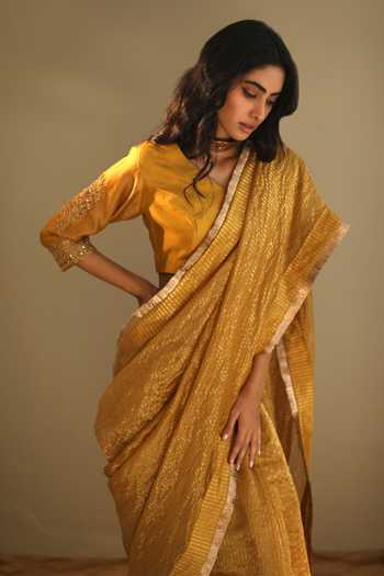 Shorshe Clothing_Yellow Handloom Chanderi Striped Saree _Online_at_Aza_Fashions
