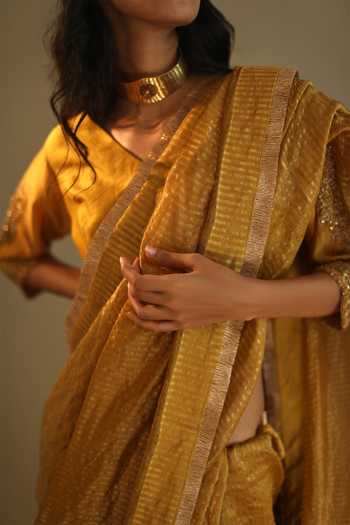Buy_Shorshe Clothing_Yellow Handloom Chanderi Striped Saree _Online_at_Aza_Fashions