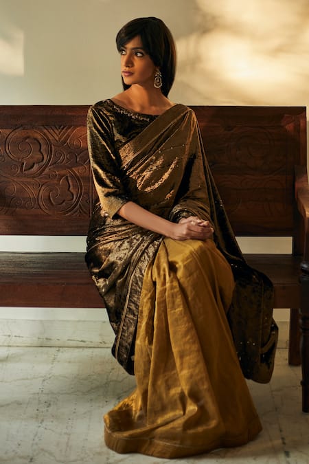 Shorshe Clothing_Green Handloom Tissue And Velvet Embellished Saree_Online_at_Aza_Fashions