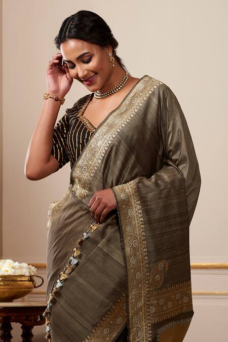 Weaver Story_Grey Handloom Banarasi Kadhwa Saree _Online_at_Aza_Fashions