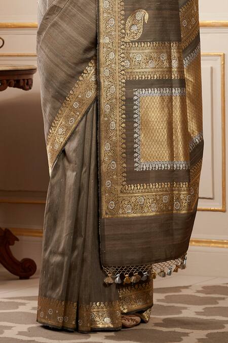 Buy_Weaver Story_Grey Handloom Banarasi Kadhwa Saree _Online_at_Aza_Fashions