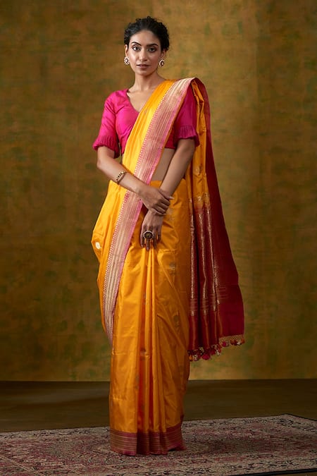 Paithani Sarees & Dupattas - Orange handloom Paithani pure silk saree with  Lotus Design Border and pallu To order WhatsApp  https://wa.me/message/RTWM6NZ464YLN1 or visit Website  https://www.luxurionworld.com/collections/paithani-saree #paithani #saree  ...