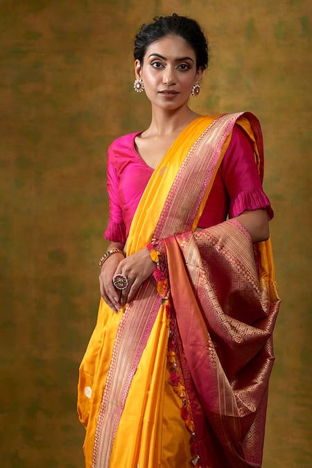 Weaver Story Orange Handloom Katan Silk Banarasi Saree Online at Aza Fashions Weaver Story_Orange Handloom Katan Silk Banarasi Saree_Online_at_Aza_Fashions