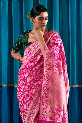 Weaver Story_Pink Katan Silk Banarasi Handloom Saree_Online_at_Aza_Fashions