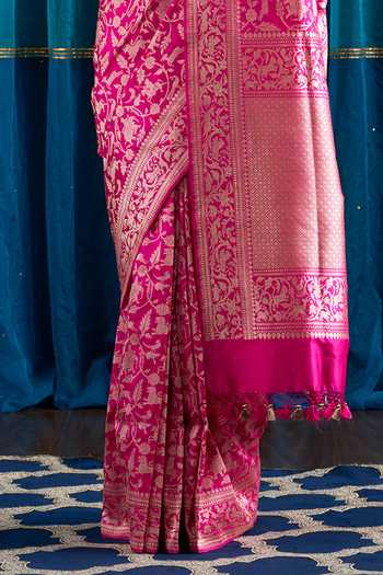 Shop_Weaver Story_Pink Katan Silk Banarasi Handloom Saree_Online_at_Aza_Fashions