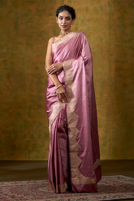 Buy Weaver Story Purple Satin Silk Scallop Zari Work Saree at Aza Fashions Buy_Weaver Story_Purple Satin Silk Scallop Zari Work Saree_at_Aza_Fashions