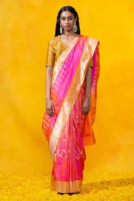 Tangerine Orange Pink Banarasi Silk Saree – Diva