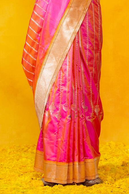 Buy_Weaver Story_Pink Pure Katan Silk Zari Stripes Saree_Online_at_Aza_Fashions