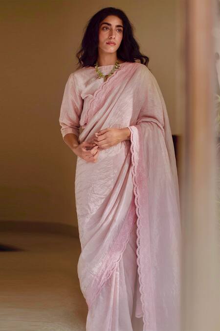 Shorshe Clothing_Pink Handwoven Tissue Saree _Online_at_Aza_Fashions