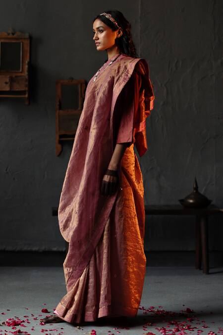 Shorshe Clothing_Pink Handloom Tissue Sequin And Gota Patti Saree_Online_at_Aza_Fashions