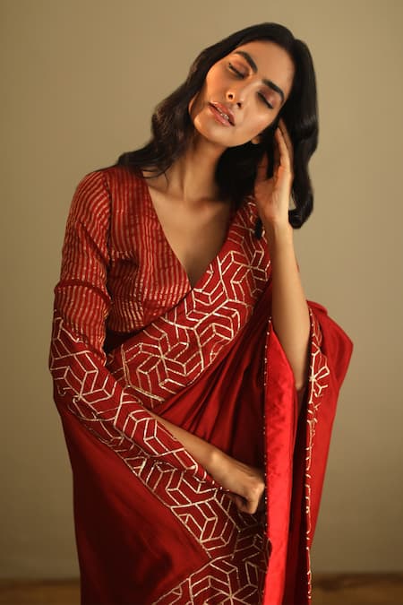 Buy_Shorshe Clothing_Red Gota Chanderi Embroidered Saree_Online_at_Aza_Fashions
