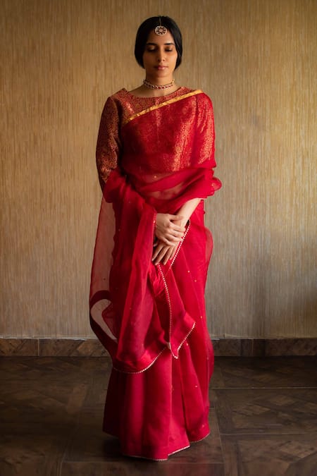 Shorshe Clothing Red Handloom Silk Organza Chanderi Saree