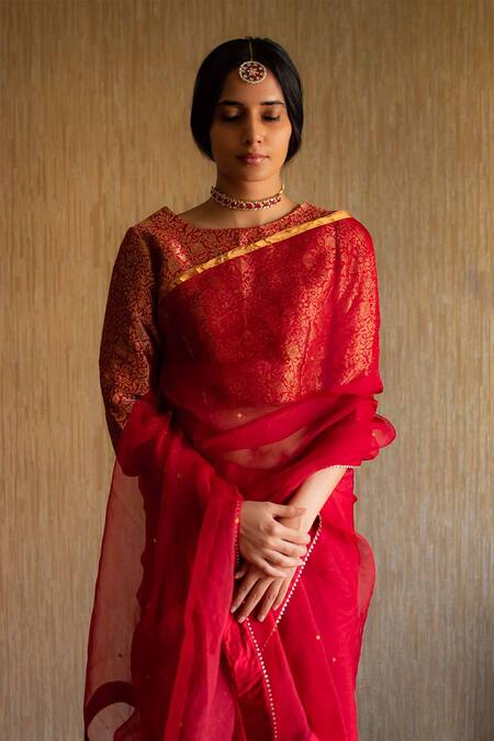 Buy_Shorshe Clothing_Red Handloom Silk Organza Chanderi Saree_Online_at_Aza_Fashions