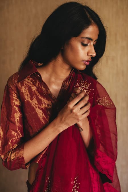 Shop_Shorshe Clothing_Blouse Handloom Tissue, Saree Silk Organza Straight Embroidered With _at_Aza_Fashions