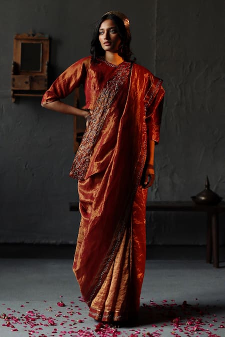 Shorshe Clothing Red Handloom Tissue Embroidery Beads And Gota Patti Saree 