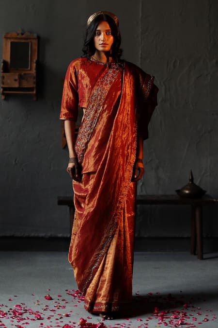 Shop_Shorshe Clothing_Red Handloom Tissue Beads And Gota Patti Saree _at_Aza_Fashions