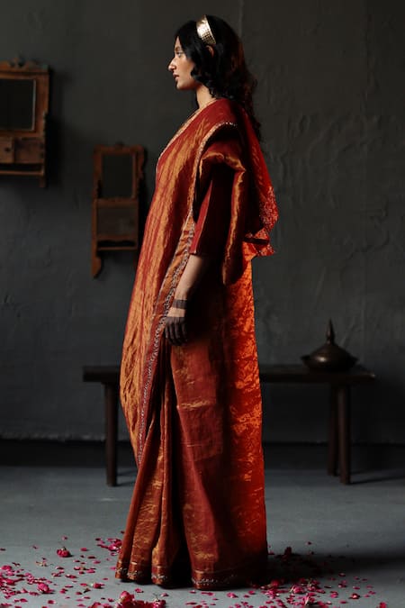 Shorshe Clothing_Red Handloom Tissue Beads And Gota Patti Saree _Online_at_Aza_Fashions