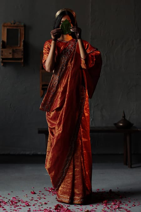 Buy_Shorshe Clothing_Red Handloom Tissue Beads And Gota Patti Saree _Online_at_Aza_Fashions