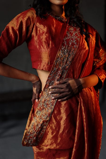 Shop_Shorshe Clothing_Red Handloom Tissue Beads And Gota Patti Saree _Online_at_Aza_Fashions
