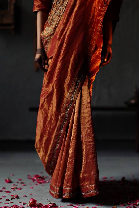 Shorshe Clothing_Red Handloom Tissue Beads And Gota Patti Saree _at_Aza_Fashions