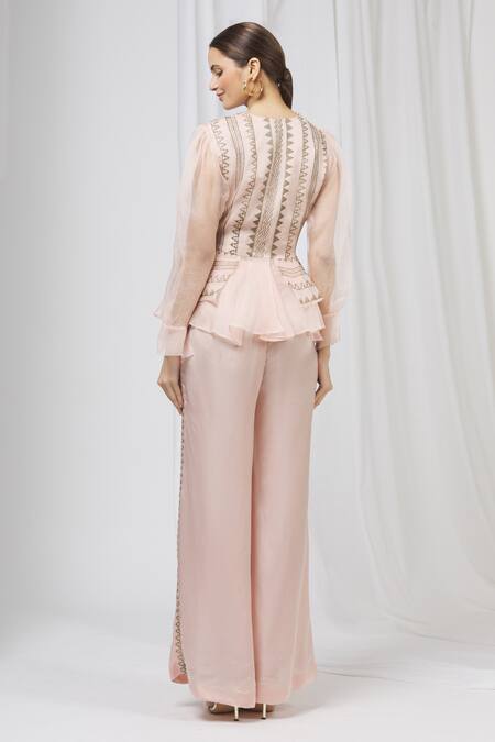 Shop Shruti Ranka Pink , Satin V Neck Pant Set at Aza Fashions Shop_Shruti Ranka_Pink , Satin V Neck Pant Set_at_Aza_Fashions