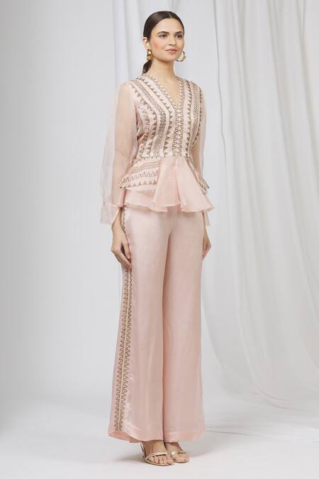 Shruti Ranka Pink , Satin V Neck Pant Set Online at Aza Fashions Shruti Ranka_Pink , Satin V Neck Pant Set_Online_at_Aza_Fashions