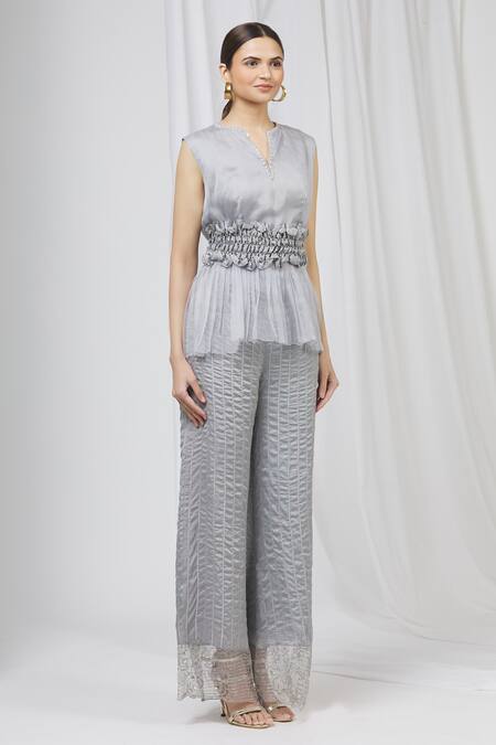 Shruti Ranka_Blue Organza Notched Round Neck Satin Pant Set_Online_at_Aza_Fashions