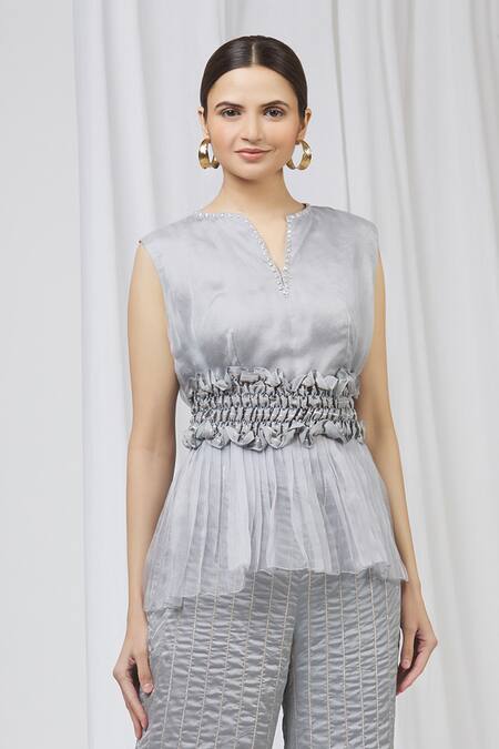 Buy_Shruti Ranka_Blue Organza Notched Round Neck Satin Pant Set_Online_at_Aza_Fashions