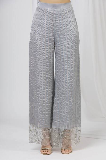 Shop_Shruti Ranka_Blue Organza Notched Round Neck Satin Pant Set_Online_at_Aza_Fashions