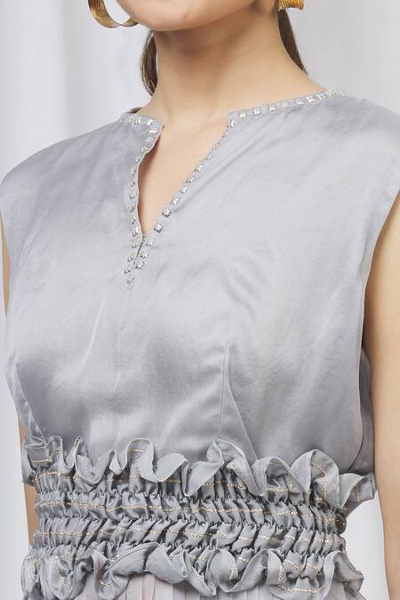 Shruti Ranka_Blue Organza Notched Round Neck Satin Pant Set_at_Aza_Fashions