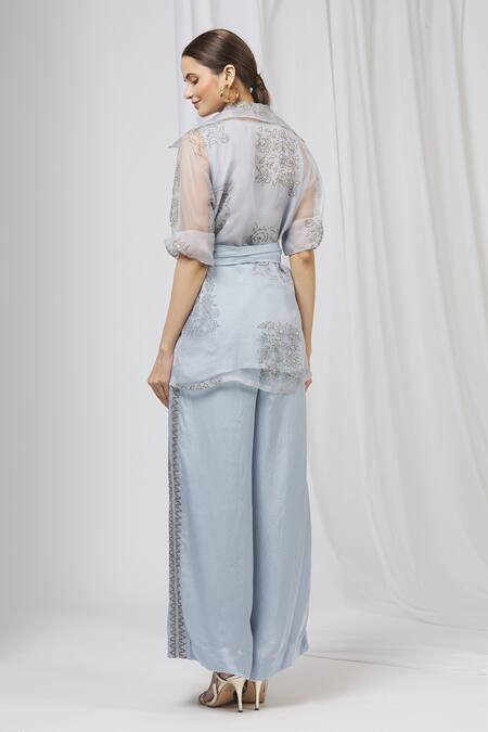 Shop Shruti Ranka Blue Organza Jacket Flat Collar Inner Scoop And Pant Set at Aza Fashions Shop_Shruti Ranka_Blue Organza Jacket Flat Collar Inner Scoop And Pant Set_at_Aza_Fashions