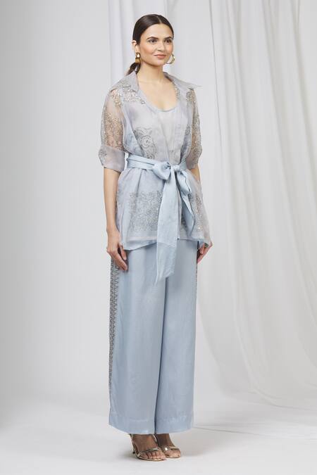 Shruti Ranka Blue Organza Jacket Flat Collar Inner Scoop And Pant Set Online at Aza Fashions Shruti Ranka_Blue Organza Jacket Flat Collar Inner Scoop And Pant Set_Online_at_Aza_Fashions
