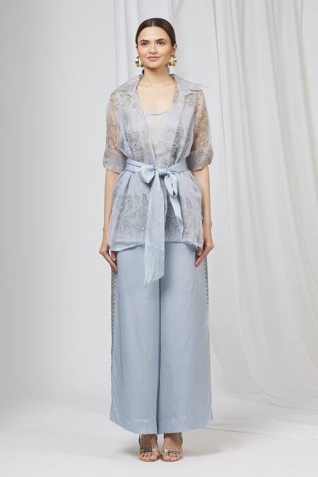 Buy Shruti Ranka Blue Organza Jacket Flat Collar Inner Scoop And Pant Set Online at Aza Fashions Buy_Shruti Ranka_Blue Organza Jacket Flat Collar Inner Scoop And Pant Set_Online_at_Aza_Fashions
