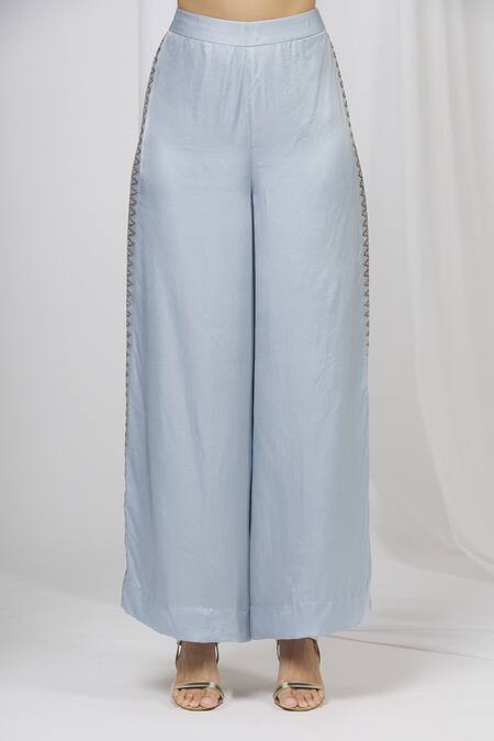 Shop Shruti Ranka Blue Organza Jacket Flat Collar Inner Scoop And Pant Set Online at Aza Fashions Shop_Shruti Ranka_Blue Organza Jacket Flat Collar Inner Scoop And Pant Set_Online_at_Aza_Fashions