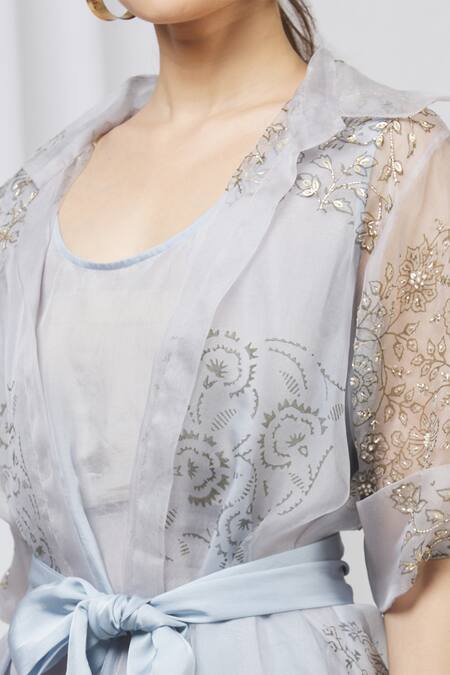 Shruti Ranka Blue Organza Jacket Flat Collar Inner Scoop And Pant Set at Aza Fashions Shruti Ranka_Blue Organza Jacket Flat Collar Inner Scoop And Pant Set_at_Aza_Fashions