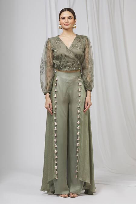 Buy Shruti Ranka Green Satin Organza Surplice Pant Set Online at Aza Fashions Buy_Shruti Ranka_Green Satin Organza Surplice Pant Set_Online_at_Aza_Fashions