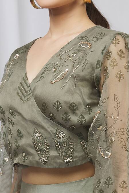 Shruti Ranka Green Satin Organza Surplice Pant Set at Aza Fashions Shruti Ranka_Green Satin Organza Surplice Pant Set_at_Aza_Fashions