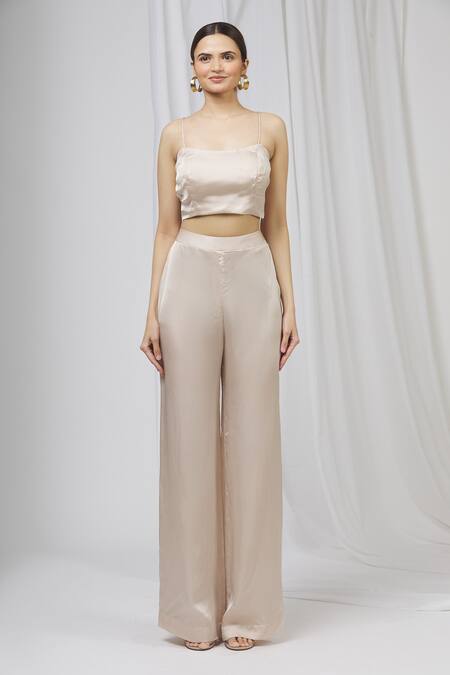 Shruti Ranka_Beige Organza Top Asymmetric Inner Scoop Satin Pant Set_Online_at_Aza_Fashions
