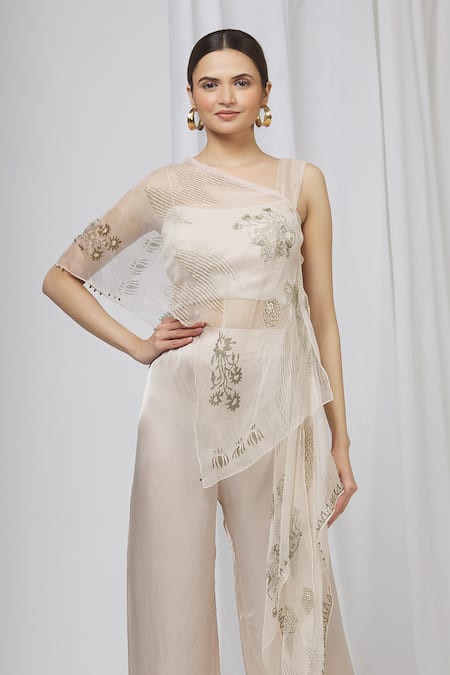 Buy_Shruti Ranka_Beige Organza Top Asymmetric Inner Scoop Satin Pant Set_Online_at_Aza_Fashions