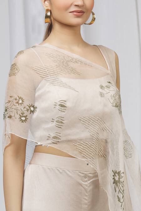 Shruti Ranka_Beige Organza Top Asymmetric Inner Scoop Satin Pant Set_at_Aza_Fashions