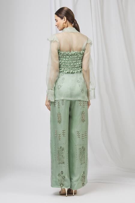 Shop Shruti Ranka Green Organza Shirt Straight Collar Crop Top Bandeau Satin Pant Set at Aza Fashions Shop_Shruti Ranka_Green Organza Shirt Straight Collar Crop Top Bandeau Satin Pant Set_at_Aza_Fashions