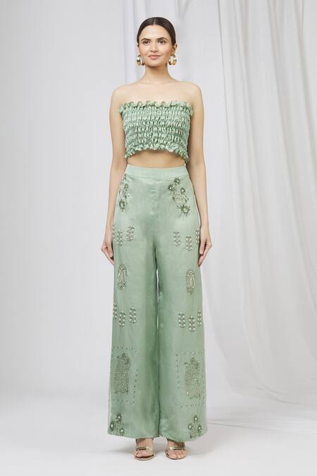 Shruti Ranka Green Organza Shirt Straight Collar Crop Top Bandeau Satin Pant Set Online at Aza Fashions Shruti Ranka_Green Organza Shirt Straight Collar Crop Top Bandeau Satin Pant Set_Online_at_Aza_Fashions