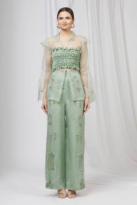 Buy Shruti Ranka Green Organza Shirt Straight Collar Crop Top Bandeau Satin Pant Set Online at Aza Fashions Buy_Shruti Ranka_Green Organza Shirt Straight Collar Crop Top Bandeau Satin Pant Set_Online_at_Aza_Fashions