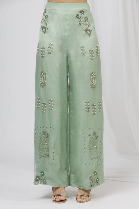 Shop Shruti Ranka Green Organza Shirt Straight Collar Crop Top Bandeau Satin Pant Set Online at Aza Fashions Shop_Shruti Ranka_Green Organza Shirt Straight Collar Crop Top Bandeau Satin Pant Set_Online_at_Aza_Fashions