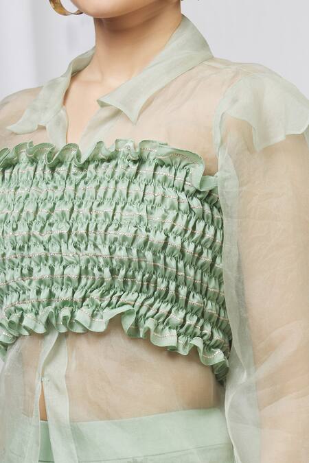 Shruti Ranka Green Organza Shirt Straight Collar Crop Top Bandeau Satin Pant Set at Aza Fashions Shruti Ranka_Green Organza Shirt Straight Collar Crop Top Bandeau Satin Pant Set_at_Aza_Fashions