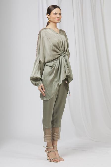 Shruti Ranka_Green Satin Organza Notched Round Neck Pant Set_Online_at_Aza_Fashions