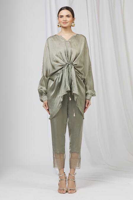 Buy_Shruti Ranka_Green Satin Organza Notched Round Neck Pant Set_Online_at_Aza_Fashions