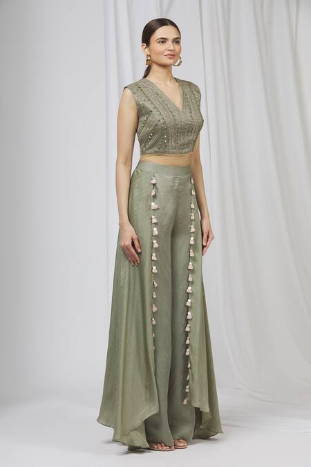Shruti Ranka_Green Organza, Satin Organza, Lurex V Neck Pant Set_Online_at_Aza_Fashions